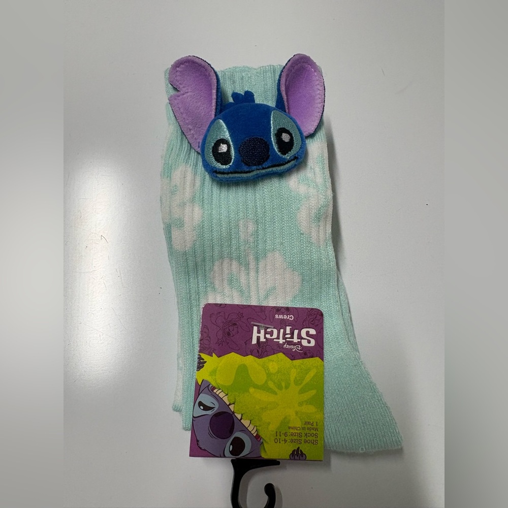 Disney Mint Green Stitch Crew Socks with 3D Plush Face Accent